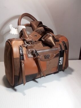 Madden NYC Brown Patchwork Satchel Top Handle, Small, Detachable Strap Zip